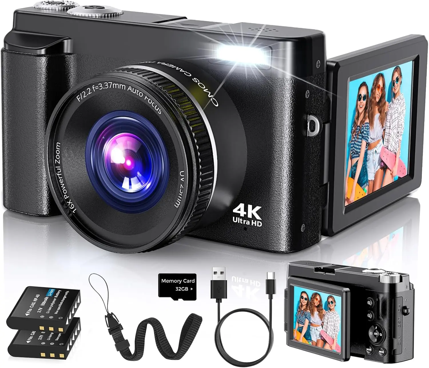 4K Digital Camera for Photography Autofocus, 2026 Latest 48MP Vlogging Camera for YouTube with SD Card, 2 Batteries, 3" 180°Flip Screen Compact Travel Camera for Teens with 16X Zoom,Black