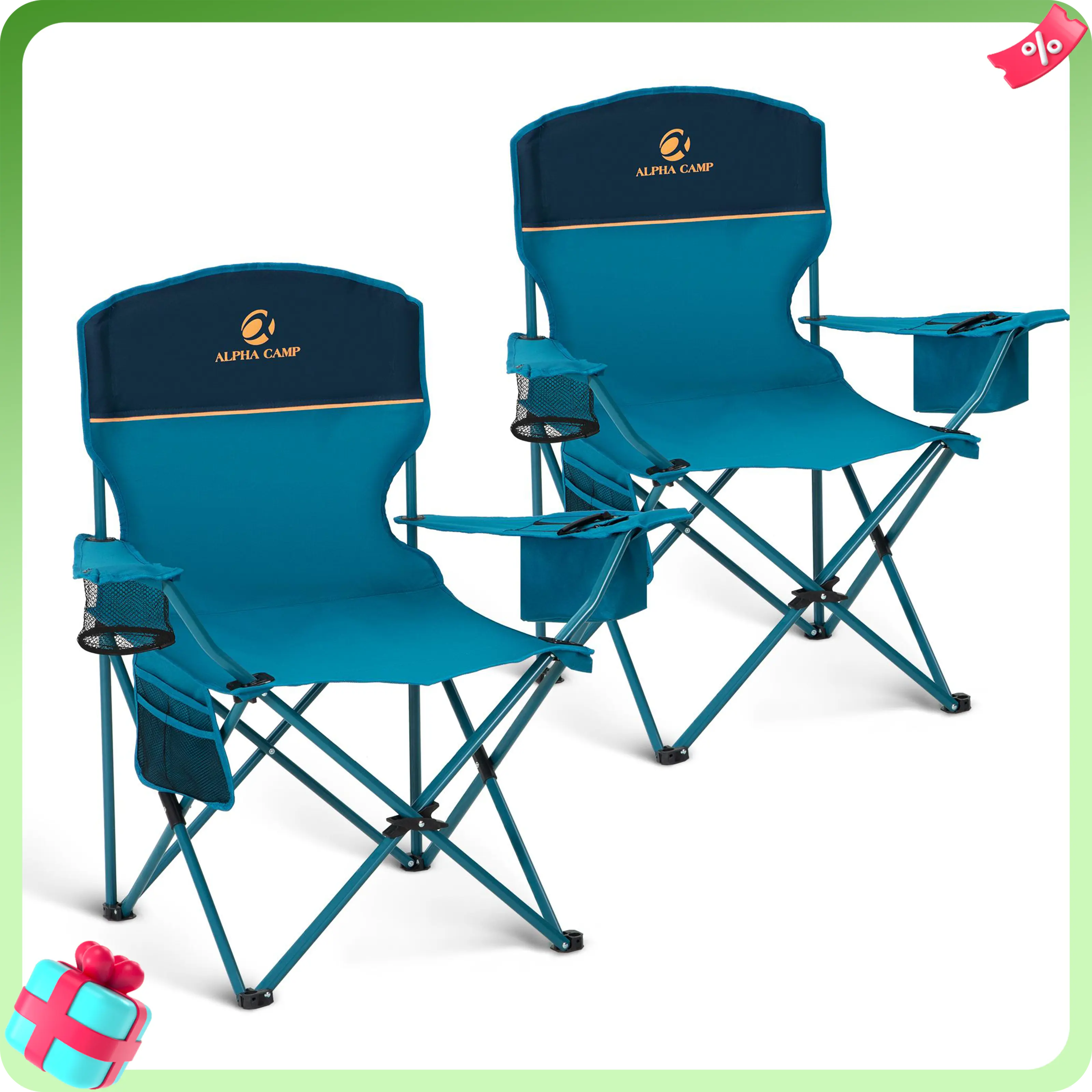 PHIVILLA 2 Pack Summer Camping Folding Chair with 3-Can Cooler Bag, Cup Holder,Storage Pocket, Supports 225LBS, Collapsible Chair for Camp, Beach, Picnic,[live]