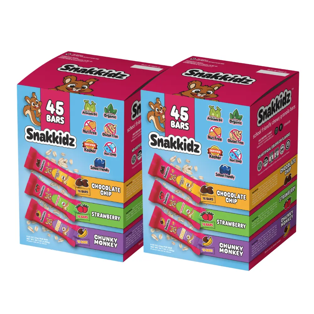 Snakkidz Organic Chewy Granola Bars for Kids, Allergen-Free, Nut-Free, Gluten-Free, Low Sugar Snack Bars Made with Avocado Oil, Individually Wrapped, School Safe Lunch Snacks, Family Bundle for 90 bars, Variety Flavors