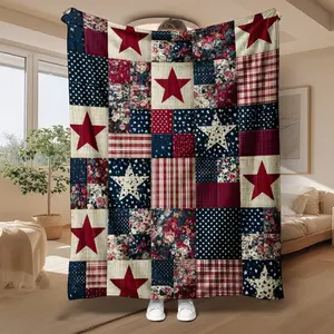 Vintage Americana US Flag Star Floral Patchwork Flannel Blanket, Rustic Country Farmhouse Decor Gift Patriots Family, 4th of July Independence Day Present for Women Mom, Super Soft Cozy Warm Fleece Throw Blankets for Couch Bed Sofa Travel