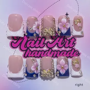 Delicatething Y2K Style Duckbill Nail Set, Handmade Wearable Nails, 3 Sizes S M L, 3D Gold Bow, Blue French Design, Perfect Gift for Women, Handmade Press On