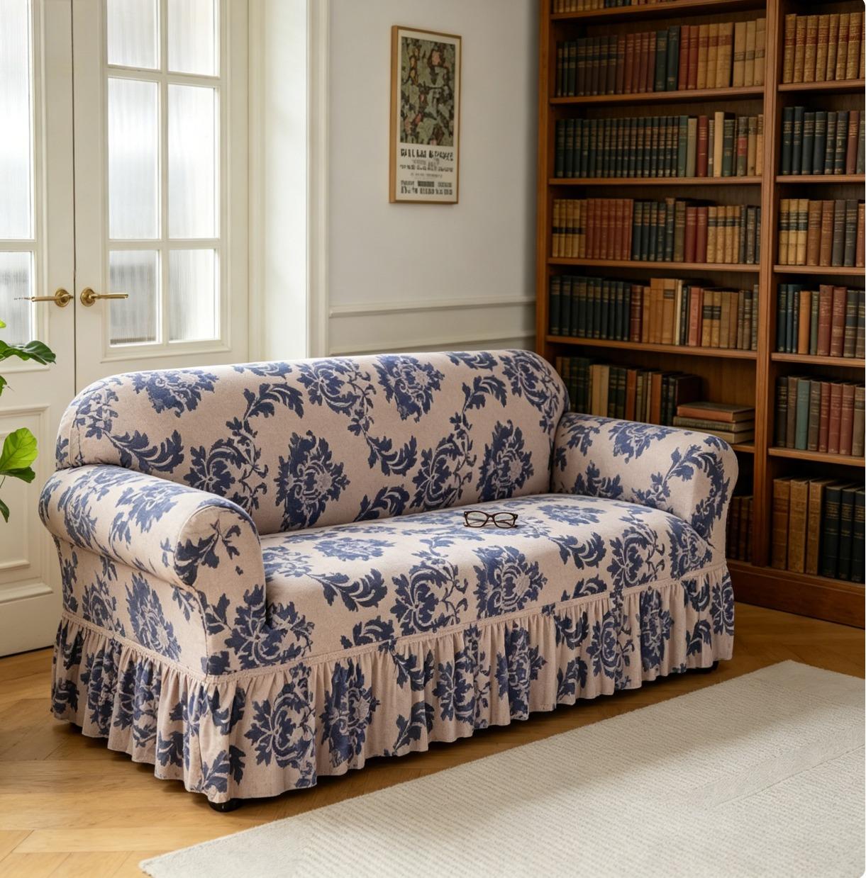 Chic Blue Damask Couch Cover | Stretchy Fabric with Ruffled Skirt for Instant Room Refresh