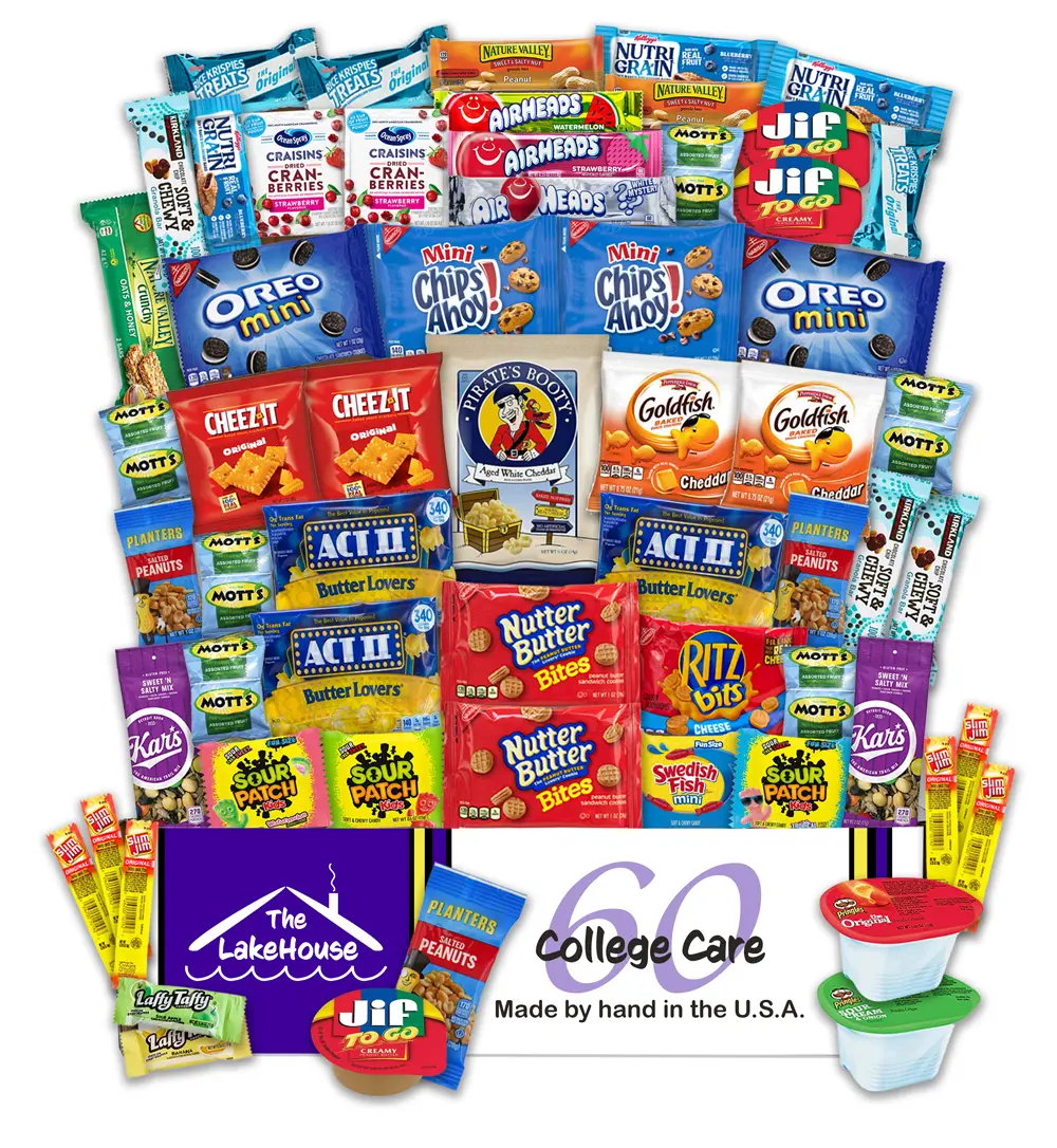 The LakeHouse Snacks Variety Pack 60 Count Care Package - 60 High Quality Snacks - Cookies, Granola Bars, Candy, & Salty Snacks - Perfect Care Package for College Students, Kids, Classrooms, Adults, or Office