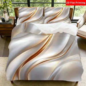 2/3 Pcs 2D Flat Elegant Flowing Lines Duvet Cover Set, Golden Silver Wave Bedding Set Quilt Cover 1 Duvet Cover + 1/2 Pillowcases, Modern Decorative Bedding Bedroom Decor