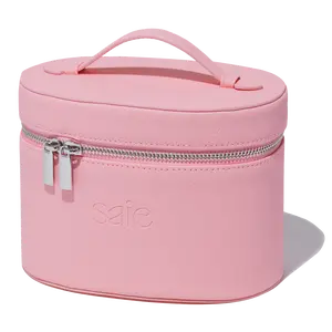 The Mini Vanity Case Pink Leather Travel Makeup Organizer with Zipper Closure Handle Waterproof PU Leather Compact Size 8Lx5.7Wx6H