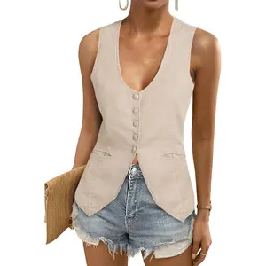Beotyshow Womens Scoop Neck Blazer Vest Summer Linen Sleeveless Fitted Waistcoat Work Casual Cotton Suit Tops