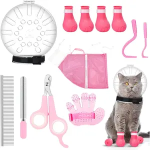 Therwen 8 Pcs Cat Bathing Bag Set Adjustable Pet Shower Net Bag Cat Helmet for Grooming Breathable Muzzle Boots Paw Covers Nail Clipper Nail File Tick Tool Massage Brush Comb Pet Trimming Cleaning