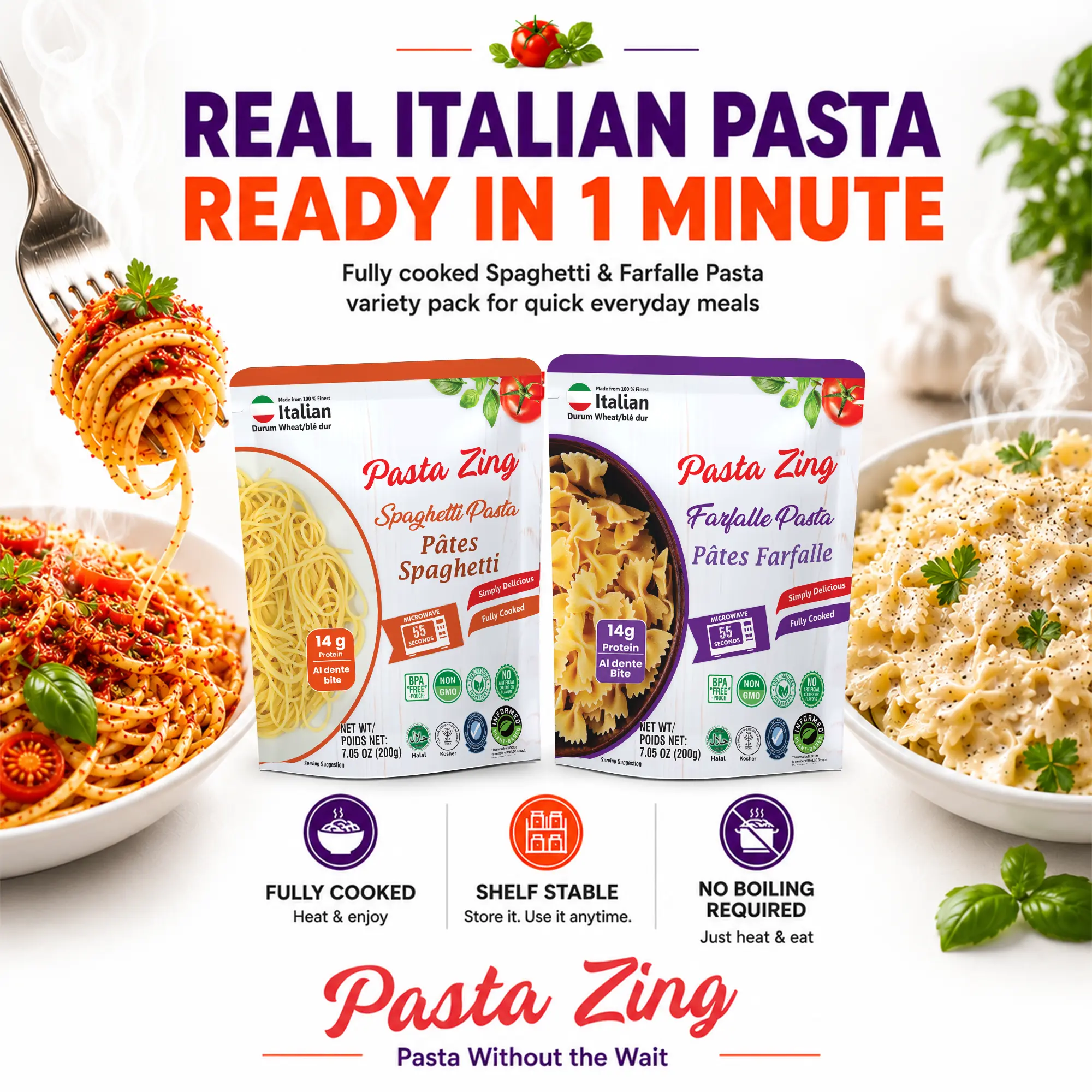 Pasta Zing Variety Pack, Fully Cooked Italian Pasta, Ready in 1 Minute, 14g Protein, Al Dente Bite, 4x Spaghetti & 3x Farfalle, BPA-Free Pouch, 7 Pack 7.05 oz