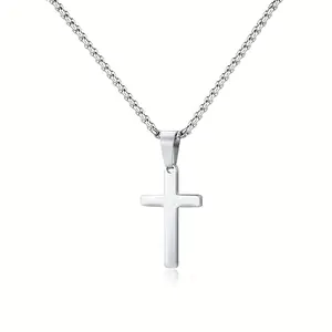 Minimalist Stainless Steel Cross Pendant Necklace | Polished Silver-Tone Faith Jewelry | Ideal Gift for Baptism & Birthday
