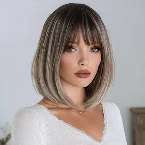 SMILCO/12 Inches Ombre&Highlight Platinum With Grey&Blonde Short Straight With Bangs Synthetic Wig/SM433