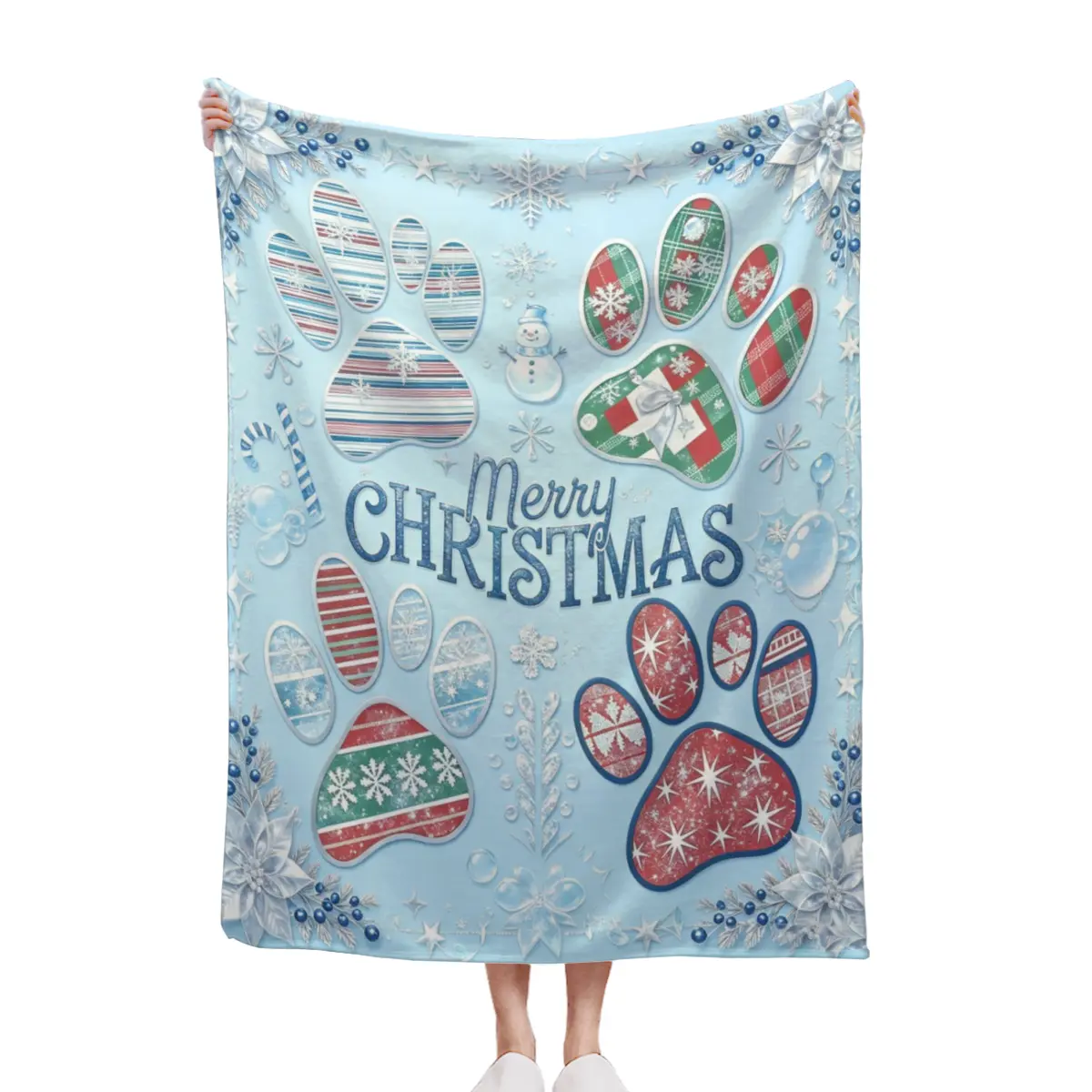 Blue Paw Print Merry Christmas Dog Cat Throw Blanket Pet Lover Xmas Holiday Festive Warm Blanket
