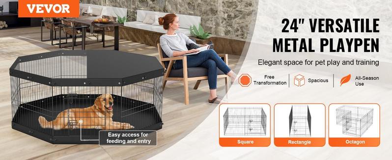 VEVOR Dog Playpen, TikTokShopBlackFriday, 8 Panels Foldable Metal Dog Exercise Pen with Top Cover and Bottom Pad, 24" H Pet Fence Puppy Crate Kennel, Indoor Outdoor Dog Pen for Small Medium Pets, for Camping, Yard VEVOR Dog Playpen, TikTokShopBlackFriday, 8 Panels Foldable Metal Dog Exercise Pen with Top Cover and Bottom Pad, 24" H Pet Fence Puppy Crate Kennel, Indoor Outdoor Dog Pen for Small Medium Pets, for Camping, Yard
