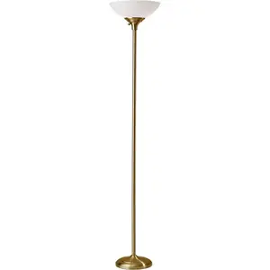 Antique Brass Torchiere Floor Lamp with Frosted White Shade – 300W Double Socket Construction, Modern Accent Lighting for Bedroom, Living Room, or Home Office, 71" Tall