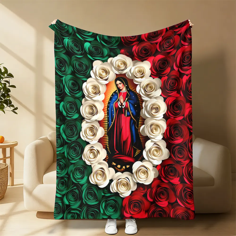 Countdown Sale! Religious Theme Guadalupe Virgin Rose Pattern Flannel Fabric Sofa Bed Blanket - Cozy Setup, Contemporary Home Decor, All-Season Warm Nap Blanket for Bedroom/Living, Gift for Believers