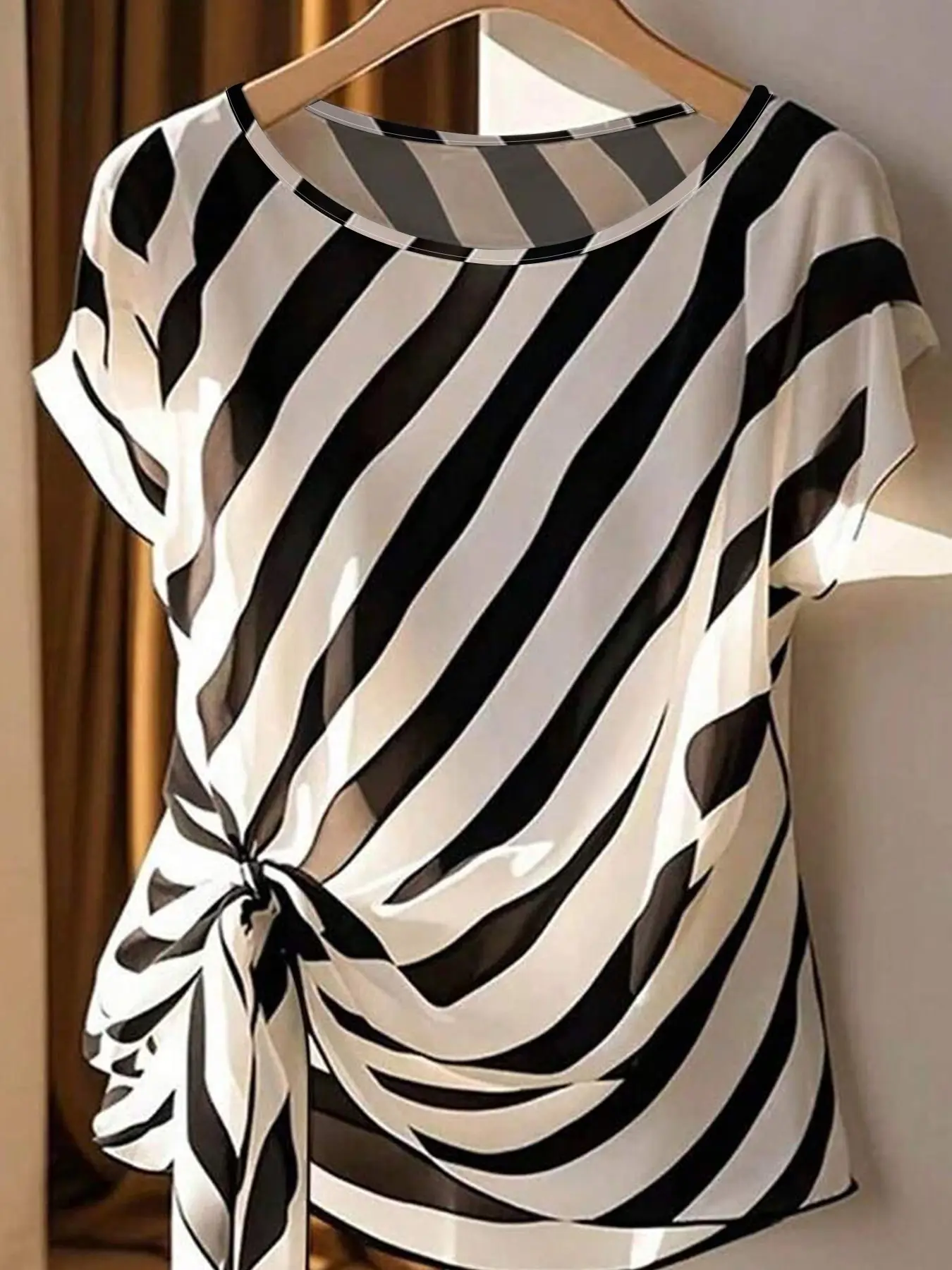 Women's Summer Casual Striped Print Round Neck Tie Front Top Blouse, Comfortable Plus Size Women's Clothing, Trendy Style