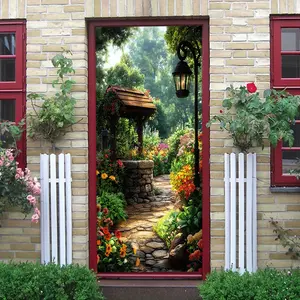 2pcs Vintage Garden Well Wall Sticker European Courtyard Landscape Decal Self Adhesive Removable Bedroom Living Room Decorative Painting Romantic Home Background Wall Art Decoration