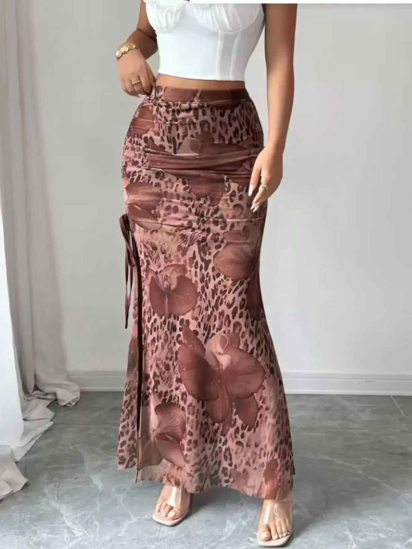 Women's Leopard Print Mesh High Waist A-Line Skirt Split Elastic Fall Trendy 2026