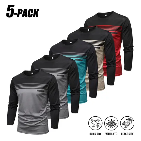 5-PACK Mens Crew Neck Striped Color Block Long Sleeve Sports Shirts, Moisture Wicking Quick Dry Ventilated Elastic Fabric, Minimal Urban Clean Fit Performance Tops, All Match Active Streetwear Shirts For Workout Outdoor Activities Multi Tone Set