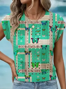 Spring Summer Elegant Women's Vacation Style Colorful Butterfly Geometric Jacquard Knit Sweater, Casual Sleeveless Top, Breathable