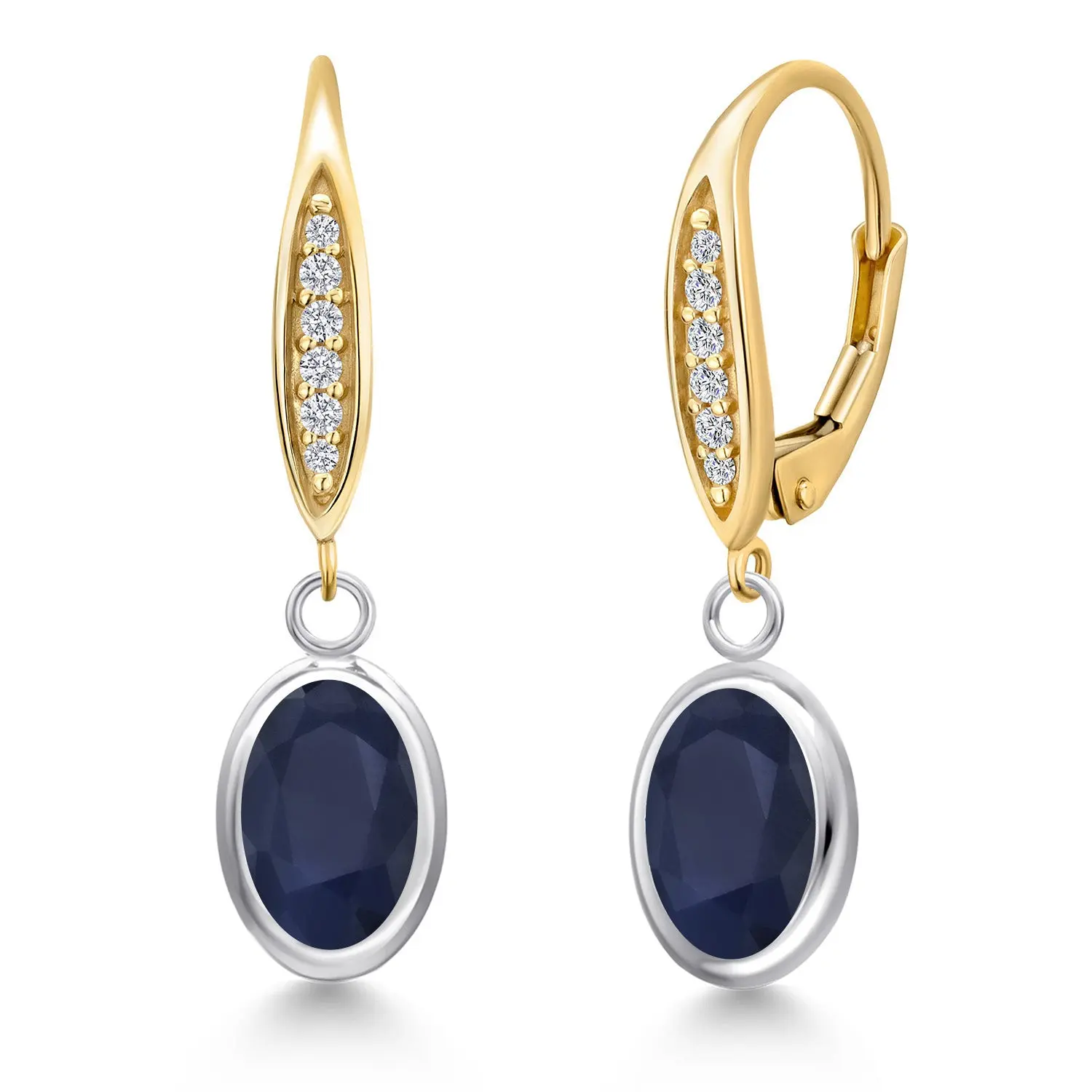 925 Silver and 10K Yellow Gold Blue Sapphire and Lab Grown Diamond Dangle Earrings for Women | 3.71 Cttw | Gemstone September Birthstone | Oval 8X6MM