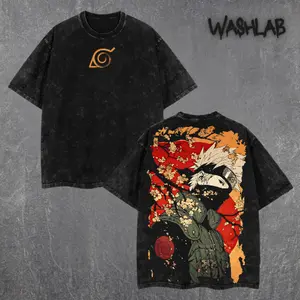 Retro Kakashi Hatake - Naruto Shippuden Graphic Tee Double Sided Print Oversized Acid-Washed Heavyweight Cotton T-Shirt – Unisex Anime Tee, Perfect Gift for Anime Fans and Lovers Menswear Tops