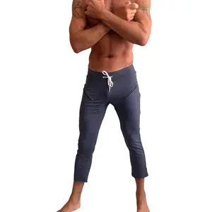 PERFORMANCE Premium Mens 4/5 Zipper Pocket Capri Yoga Pants (Navy Blue Heather)