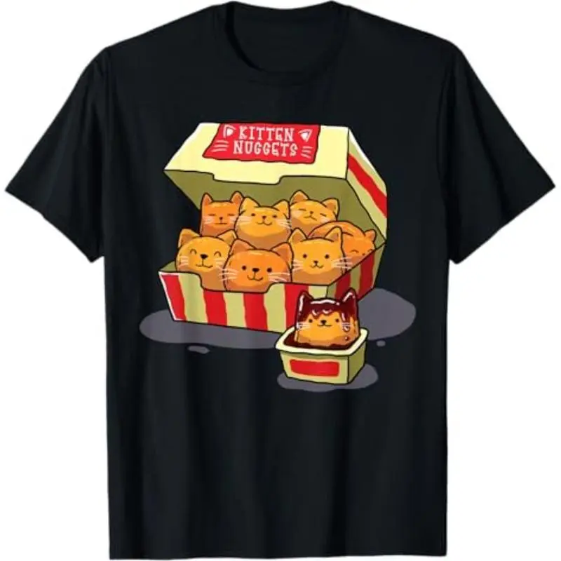 Men's Graphic T‑Shirt, Cute Cat Chicken Nugget Pun Cartoon Design, Cotton Lightweight Round Neck Classic Fit Tee, Vintage Preppy Streetwear Top for Cat Lovers