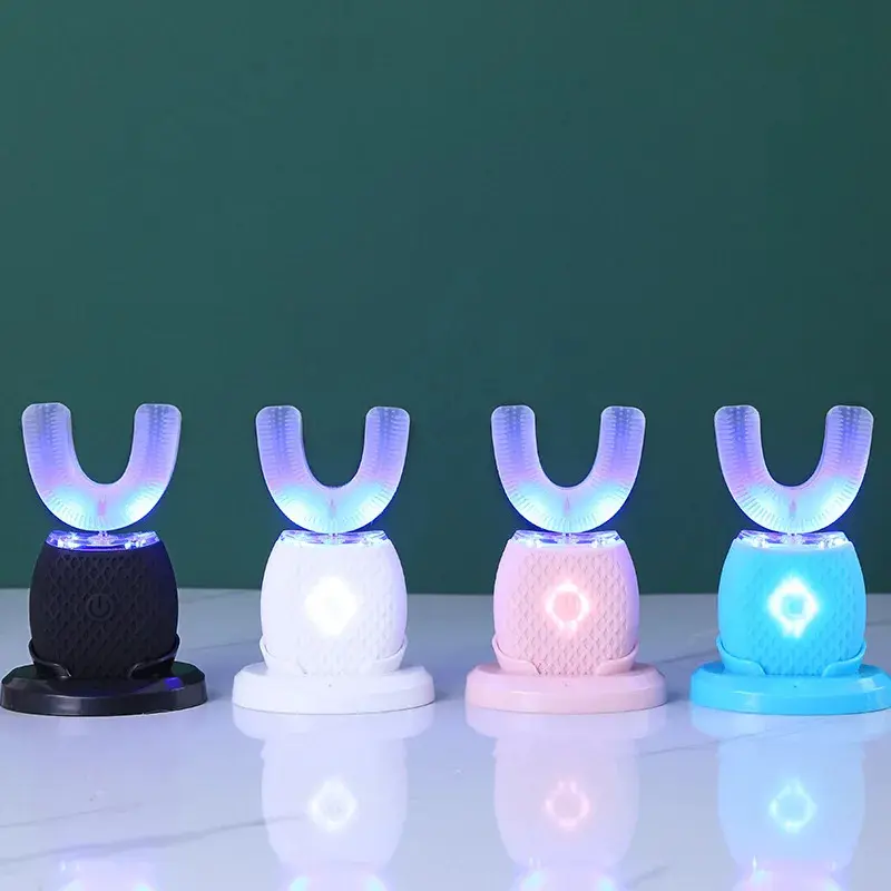 360° Ultrasonic Electric Toothbrush U Shaped for Adults Sonic Vibrations Tooth Brush with Charging Base Blue LED Light Whitening