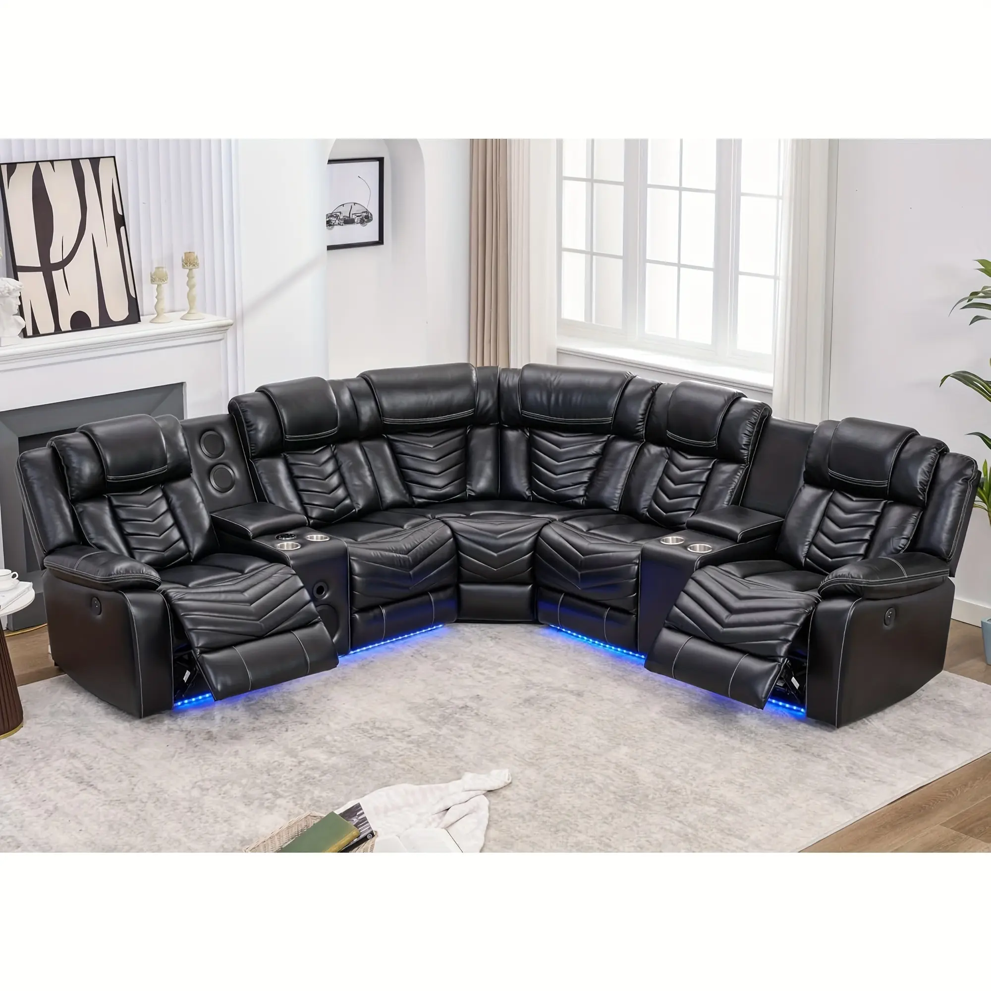 Faux Leather Power Recliner Sectional Sofa Couches With Bass Speakers For Living Room, Reclining Corner Sectionals Sofa Couch Sets With LED Light