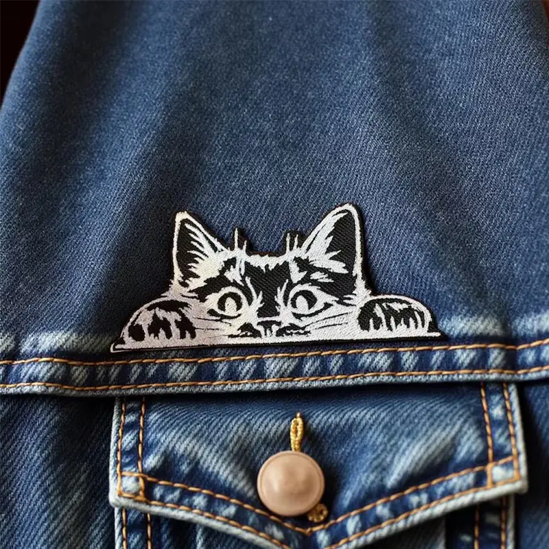 Cat Embroidery Patch Embroidered Sew-On Back Adhesive Iron-On Applique Embroidered Patches Apparel Embellishment for Clothes Jackets Hats Accessories, 1 Piece Dark Observation Cat Design, Embroidery Craft
