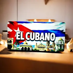 El Cubano Custom Metal Car Exterior Number Plate Accessory, 12x6 in Version 3, Cuban Flag Design, Centered Text Decor Ornament