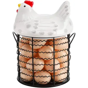 Metal Wire Chicken Egg Storage Basket, Decorative Fresh Egg Holder with Ceramic Chicken Design Lid, Portable Round Collectiong Basket for Kitchen Supplies, Pantry