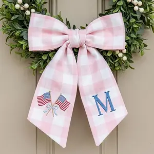 Embroidered Personalized USA Flag Wreath Sash, Custom Monogram Seersucker Door Hanger, Summer Toile Front Door Bow Decor, Patriotic Holiday