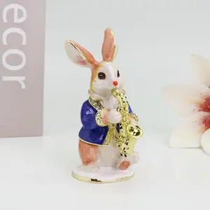 Easter Gift Enamel Rabbit Decorative Box, Saxophone Small Bunny Ornament Box, Creative Desktop Mini Figurine, Zodiac Gift