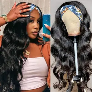 MYLOCKME Brazilian Body Wave Headband Wig Natural Black No Glue Remy Hair Wig For Women Full Machine Made Body Wave Wig For Wig Beginners