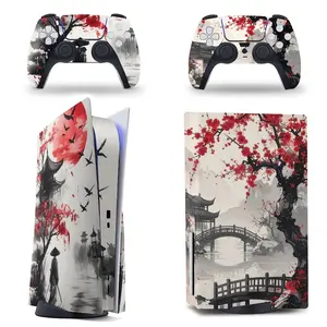 For PS5 & PS5 Slim All Models Console & Controller Skin Set - Crimson Sun Samurai Ink Art Theme | Premium Vinyl Wrap, Anti-Scratch, Console Accessories