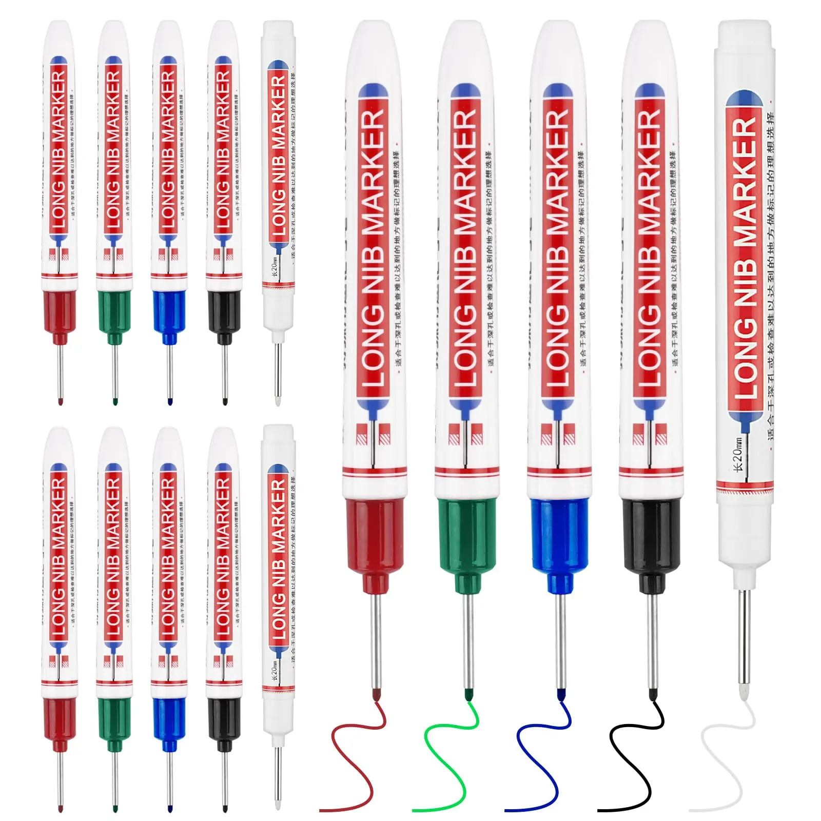 15-Piece Long Head Deep Hole Marker Pens, 20mm Long Nose Nib Deep Reach Metal Marking Tools, Quick-Drying Waterproof Permanent Pens for Carpenters, Colorful Office Writing Supplies for Mark Tasks