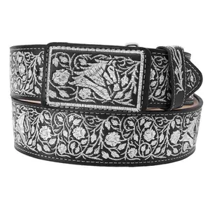 Cinto Vaquero Bordado Ancho 2” Negro Flores con Caballo