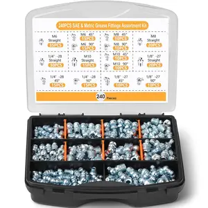 240-  Fittings Assortment, SAE & Metric Zerk  Fittings (1/4", 1/8", M6, M8, M10), Straight/45/90 Angles, Zinc-Plated Steel, Replacement for Missing/Broken  Nipples