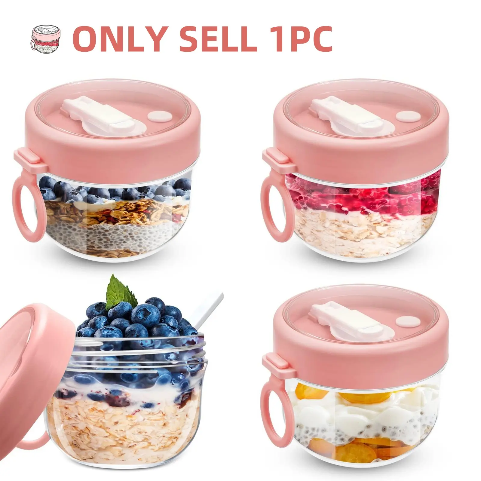 Overnight Oats Container with Lids and Spoons, 20 Oz Plastic Jar, Large Capacity Airtight Yogurt Container, Kitchen Food Storage, Milk, Fruit, Cereal, Salad Storage