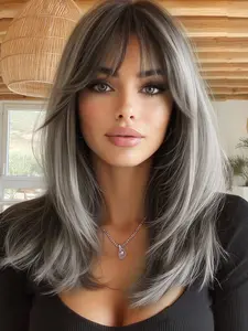 16 Inch Straight Wig, Shoulder Length, Bangs, High Temperature Resistant, Fashionable and Casual Women's Hairpiece, Straight Synthetic Wig