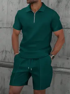Men's Half-Zip Short Sleeve Polo Shirt & Shorts Set, Casual Summer Waffle Fabric, Versatile Style, Daily Wear Fashion Comfortable Men's Clothing