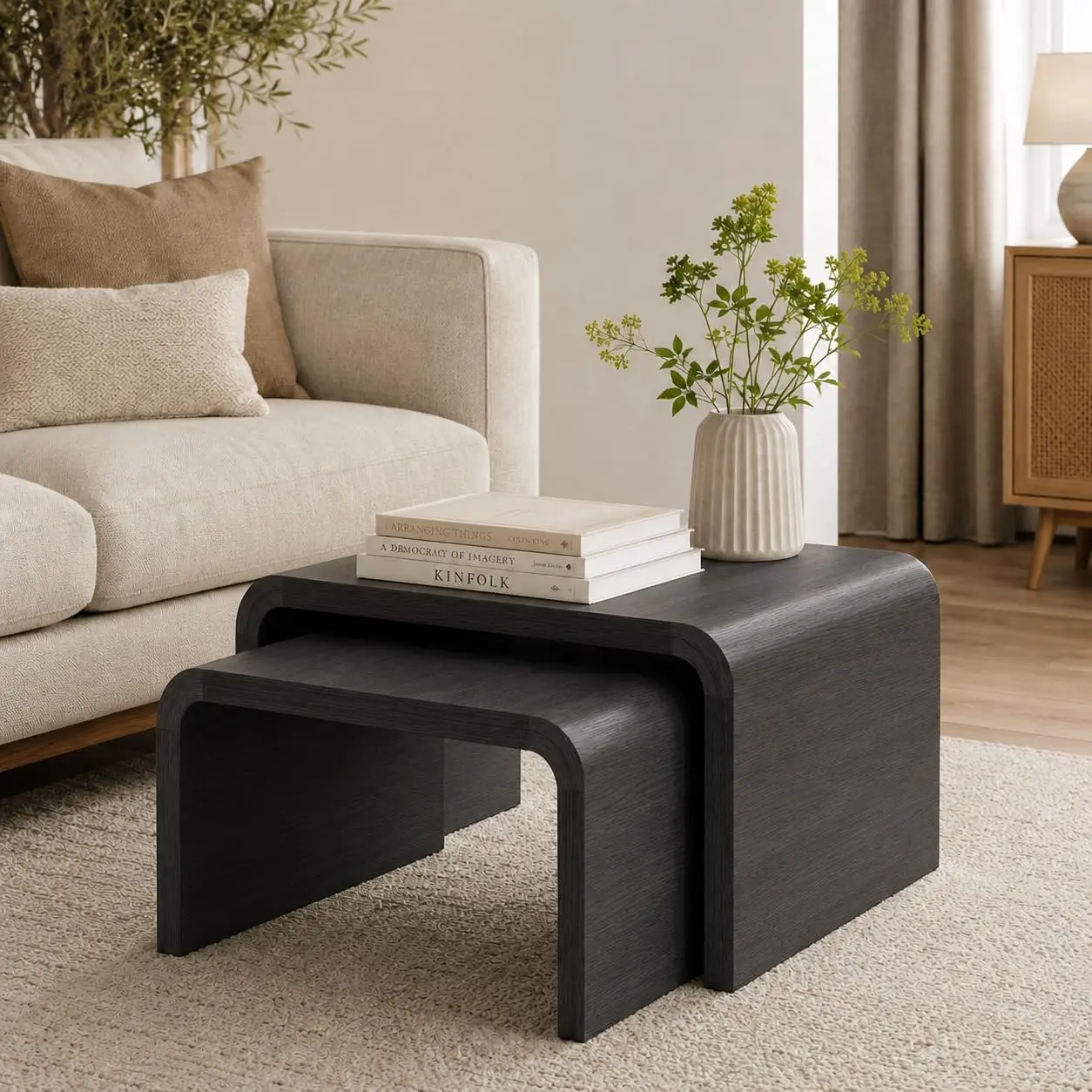 Curved Nesting Coffee Table Set of 2, Modern Wood Nesting Tables for Living Room, Space Saving Stackable Coffee Tables, Fully Assembled