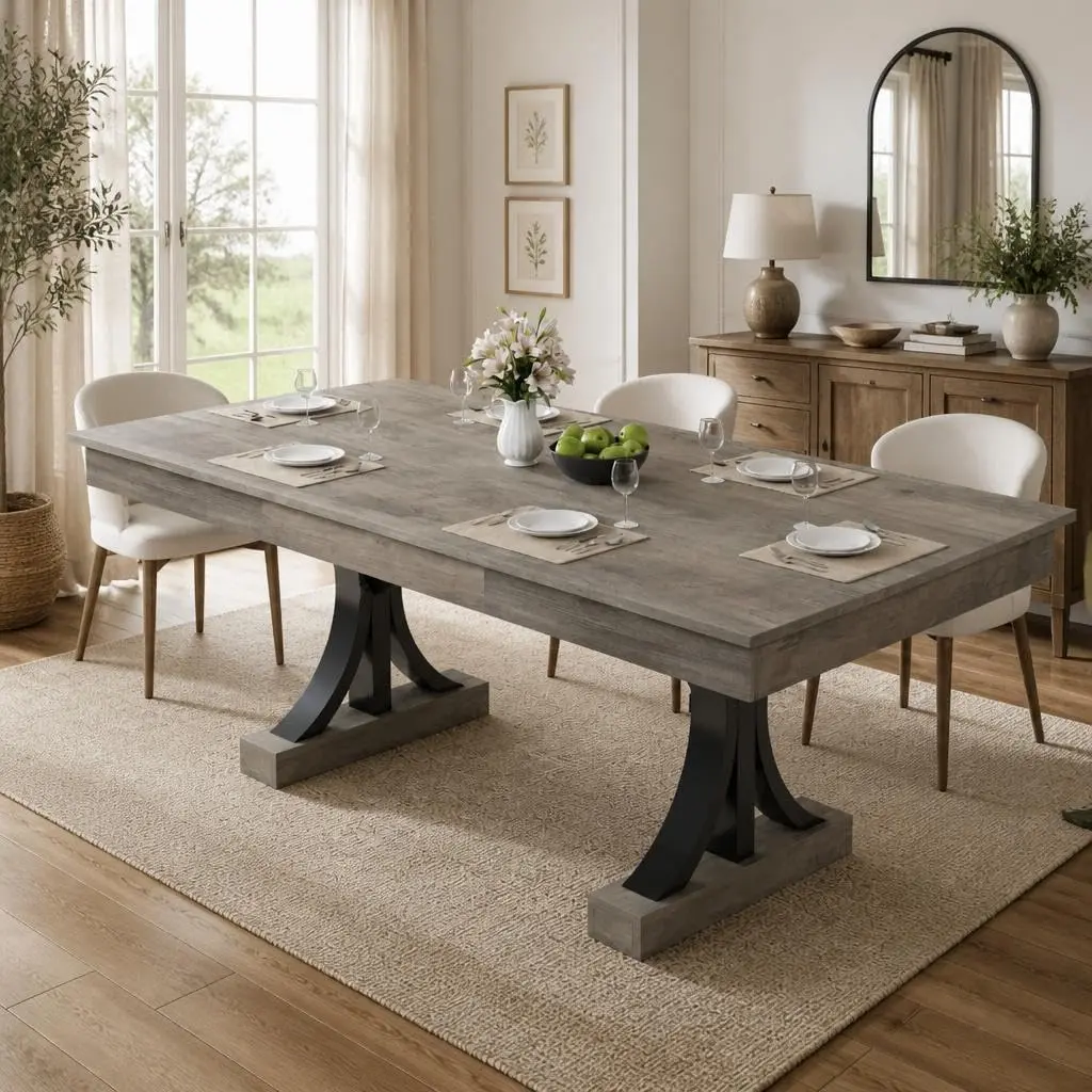Garvee Upgraded Farmhouse and Industrial Style Rectangular Wooden Dining Tables with Large Tabletops and Sturdy Frames, Available in 63-Inch for 4-6 People and 71-Inch with Two Drawers and Double Pedestal for 6-8 People, Ideal for Dining