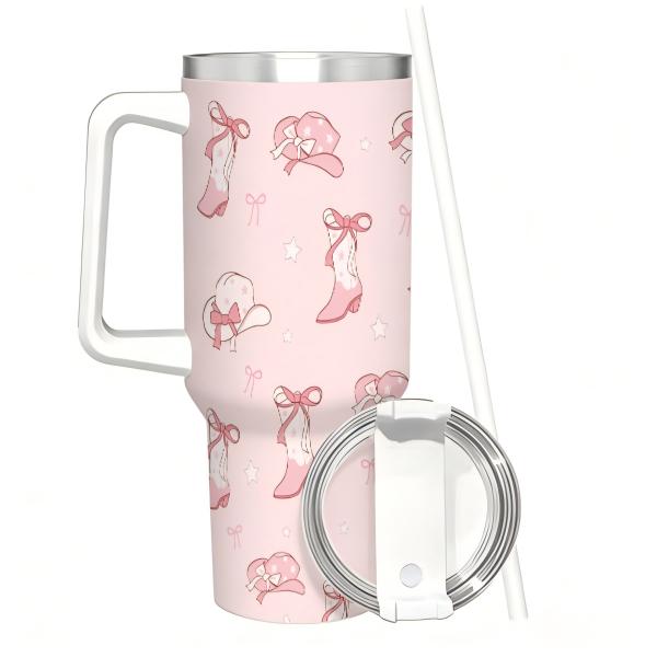 40oz Pink Cowgirl Tumbler with Handle & Straw, Stainless Steel Insulated Travel Mug, Reusable Hot Cold Coffee Cup, Western Cowboy Hat Boot Design, Cute Gift for Women, Mother's Day, Birthday, Home Office Use