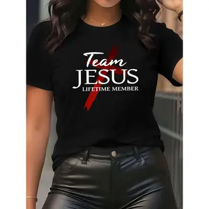 Women's TEAM JESUS Printed Graphic Short Sleeve Crew Neck T-Shirt - Sporty Casual Style, Soft and Breathable, 95% Polyester 5% Spandex 180g, Printed Design, Fashionable and Individual, Comfortable and Casual, Full of Vitality