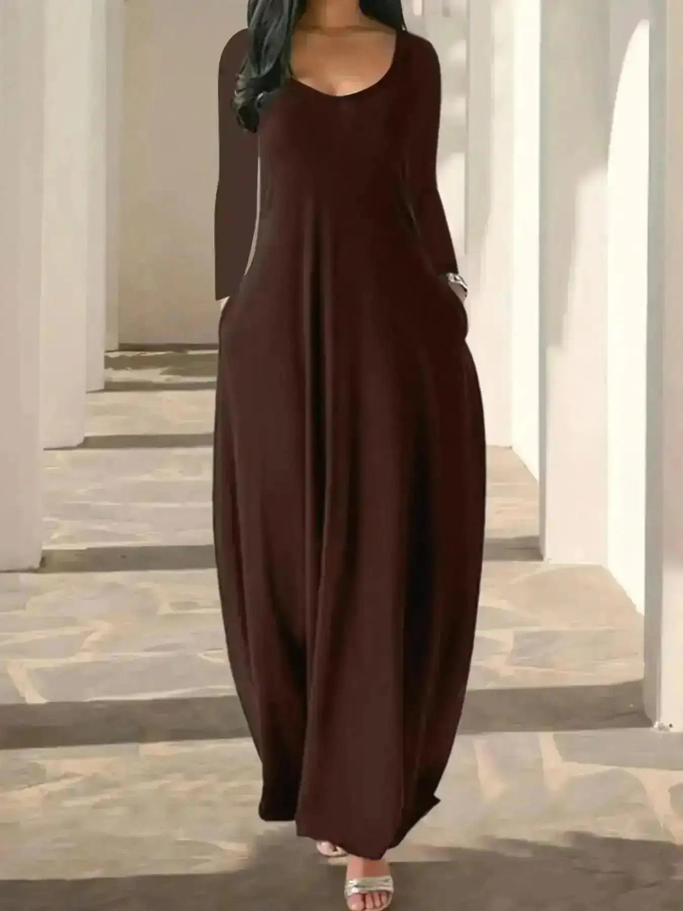 Charming Women's Long Nightgown, Coffee Leopard Print, Round Neck Sleeve Pocket Sleepwear, Soft Comfortable Casual All-Season Loungewear, Piece Casual Everyday Street Trendy Chic Premium Quality Look Style Versatile
