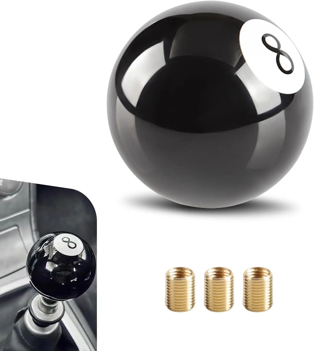 Car Gear Stick Handle, 2.16" Billiard Ball 8-Shaped Manual Shift Knob with M8/M10/M12 Adapters, Personalized Modification Accessory, Fits Most Manual Transmission Cars (Black)