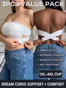 3PCS Women's Plus Size Strapless Low Back Lace Bandeau Bra, Boho Style, Casual, Innovative Side Buckle, Cross Back Design, Summer Wear