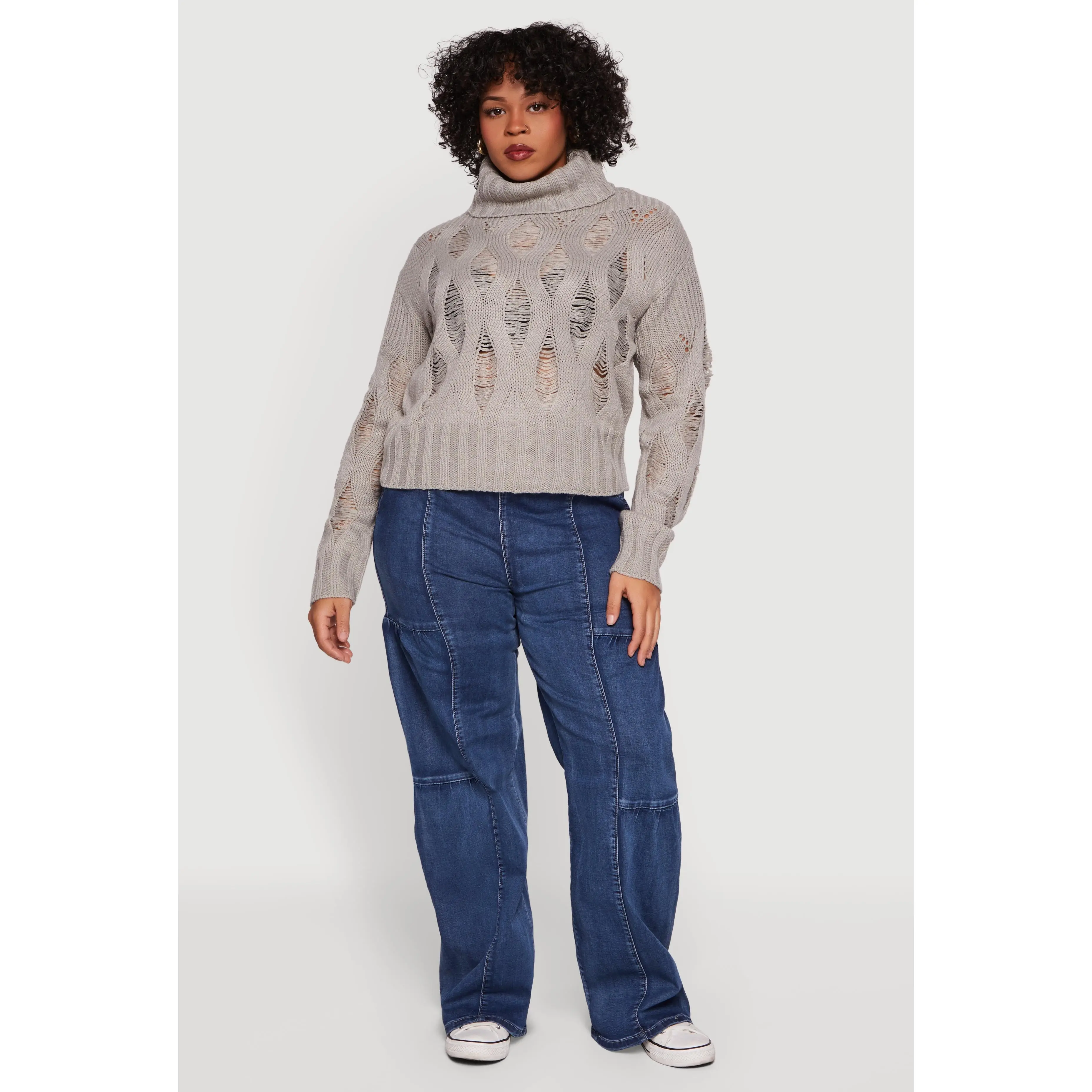 Plus Size Distressed Cable Knit Turtleneck Sweater